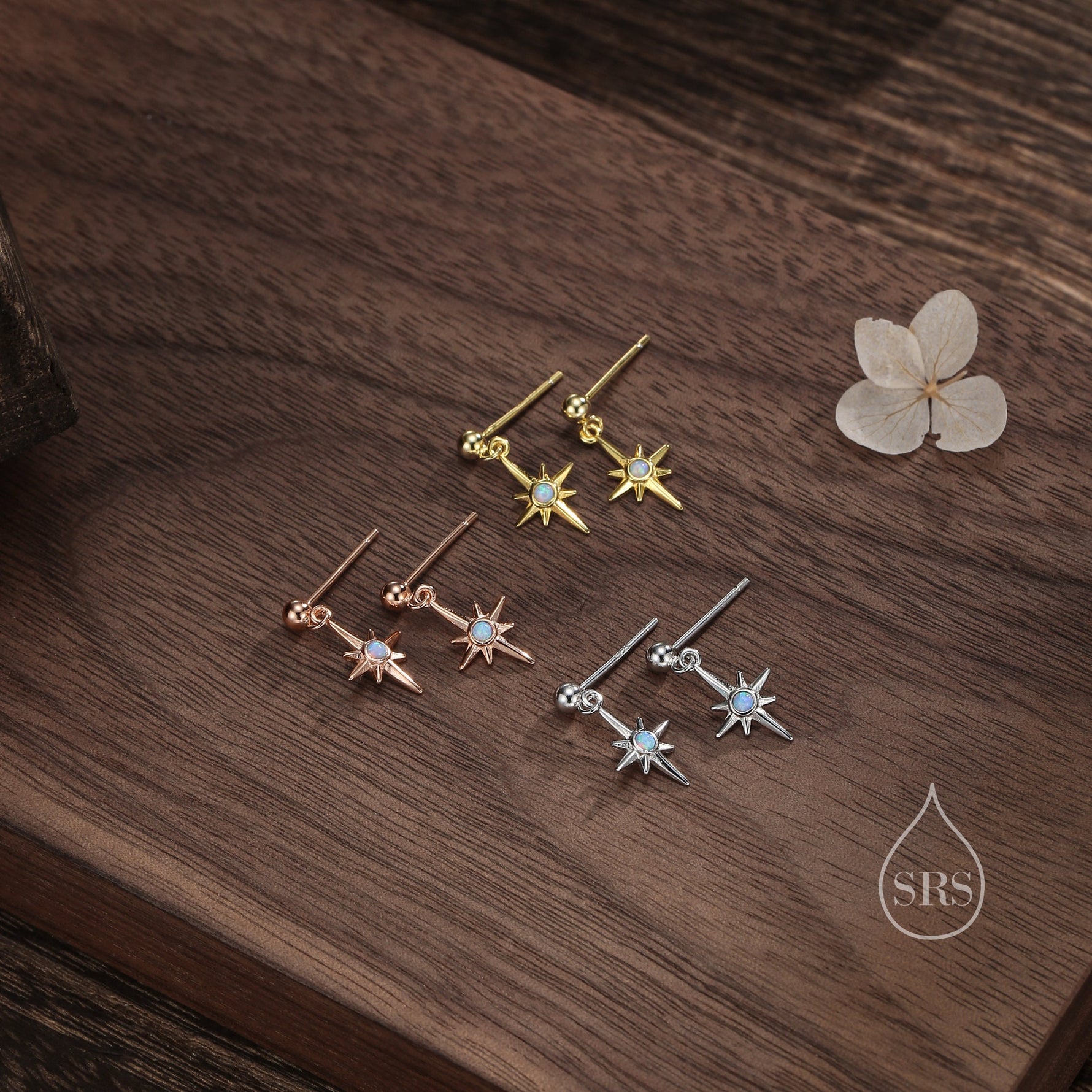 TinyBlue Opal Star Dangle Stud Earrings in Sterling Silver, Silver or Gold or Rose Gold, Aurora Star Earrings, Sunburst Earrings, Celestial