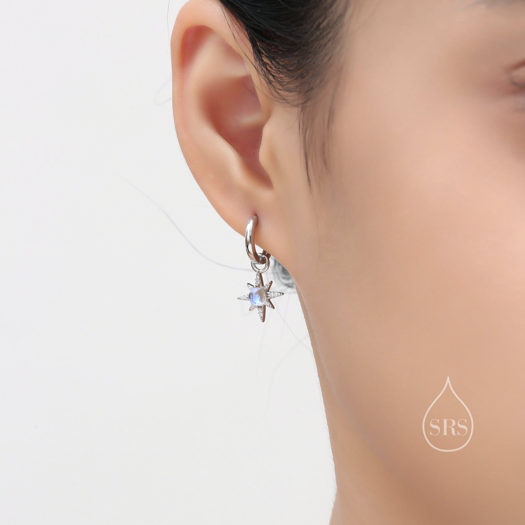 Moonstone Starburst Huggie Hoop Earrings in Sterling Silver, Moonstone North Star Drop Earrings, Delicate Moonstone Star Earrings