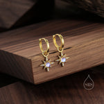 Moonstone Starburst Huggie Hoop Earrings in Sterling Silver, Moonstone North Star Drop Earrings, Delicate Moonstone Star Earrings