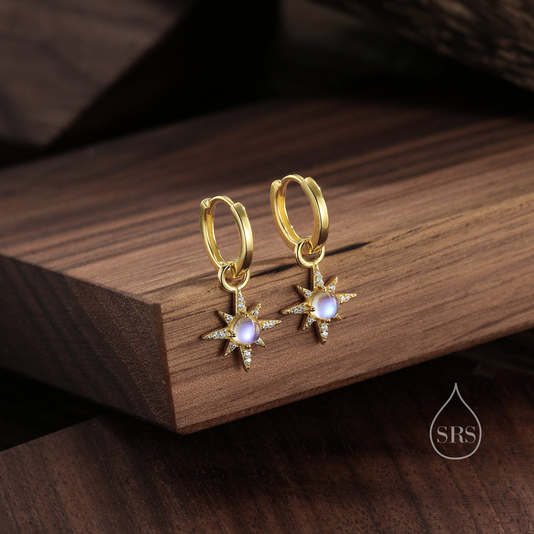 Moonstone Starburst Huggie Hoop Earrings in Sterling Silver, Moonstone North Star Drop Earrings, Delicate Moonstone Star Earrings