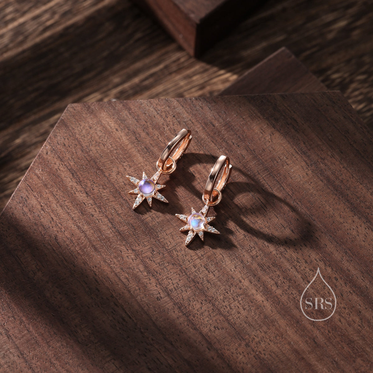Moonstone Starburst Huggie Hoop Earrings in Sterling Silver, Moonstone North Star Drop Earrings, Delicate Moonstone Star Earrings