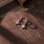 Moonstone Starburst Huggie Hoop Earrings in Sterling Silver, Moonstone North Star Drop Earrings, Delicate Moonstone Star Earrings