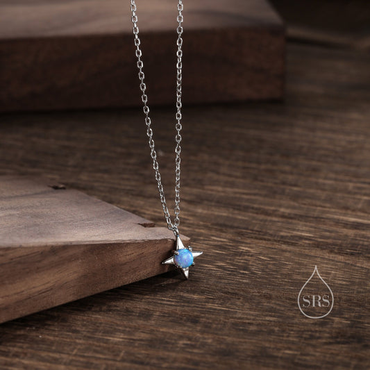 Tiny Blue Opal Star Pendant Necklace in Sterling Silver, Silver or Gold, Aurora Four Point Star Necklace, Lab Opal Star Necklace