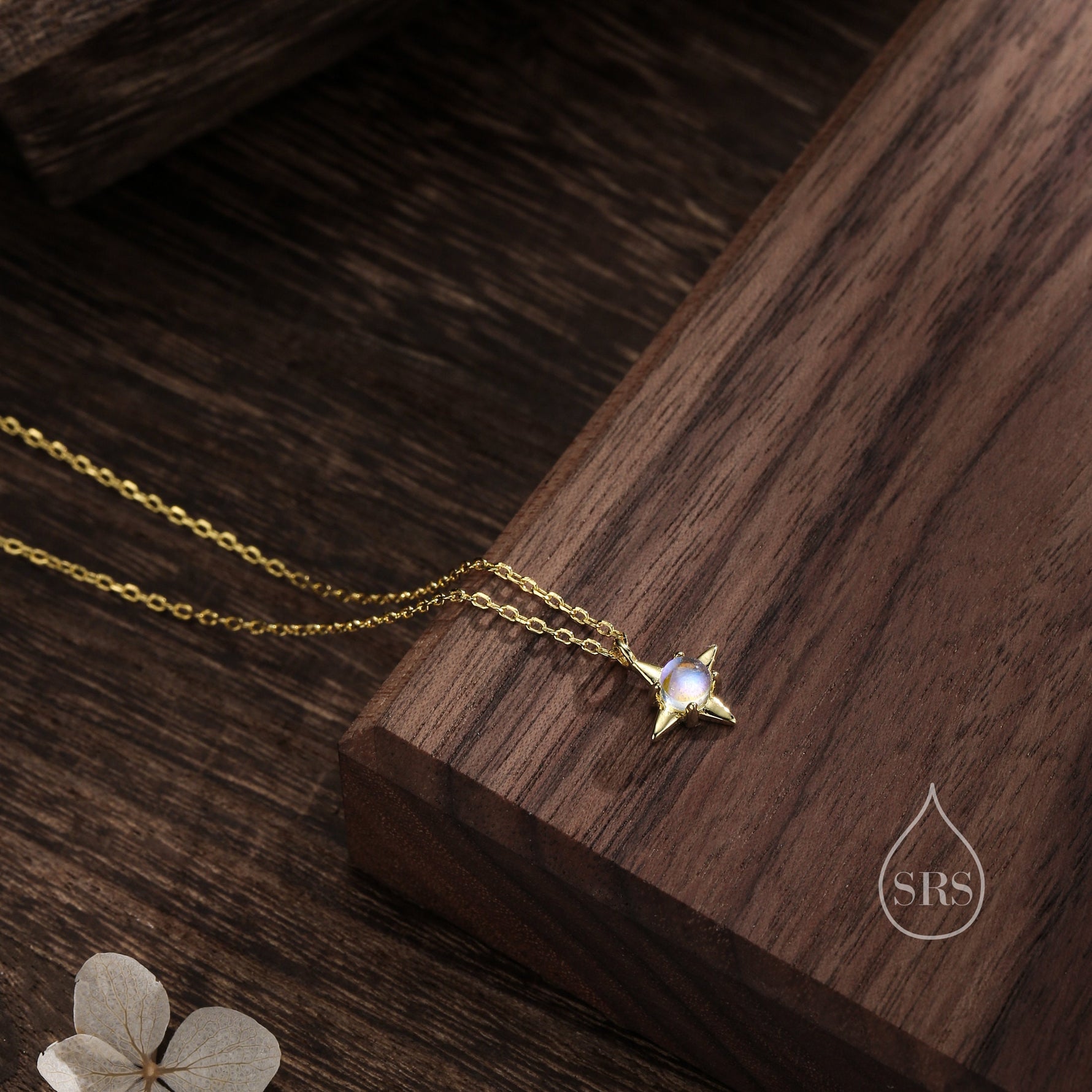 Tiny Moonstone Star Pendant Necklace in Sterling Silver, Silver or Gold, Aurora Four Point Star Necklace, Moonstone Star Necklace, Starburst