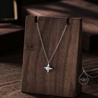 Tiny White Opal Star Pendant Necklace in Sterling Silver, Silver or Gold, Aurora Four Point Star Necklace, Lab Opal Star Necklace, Starburst