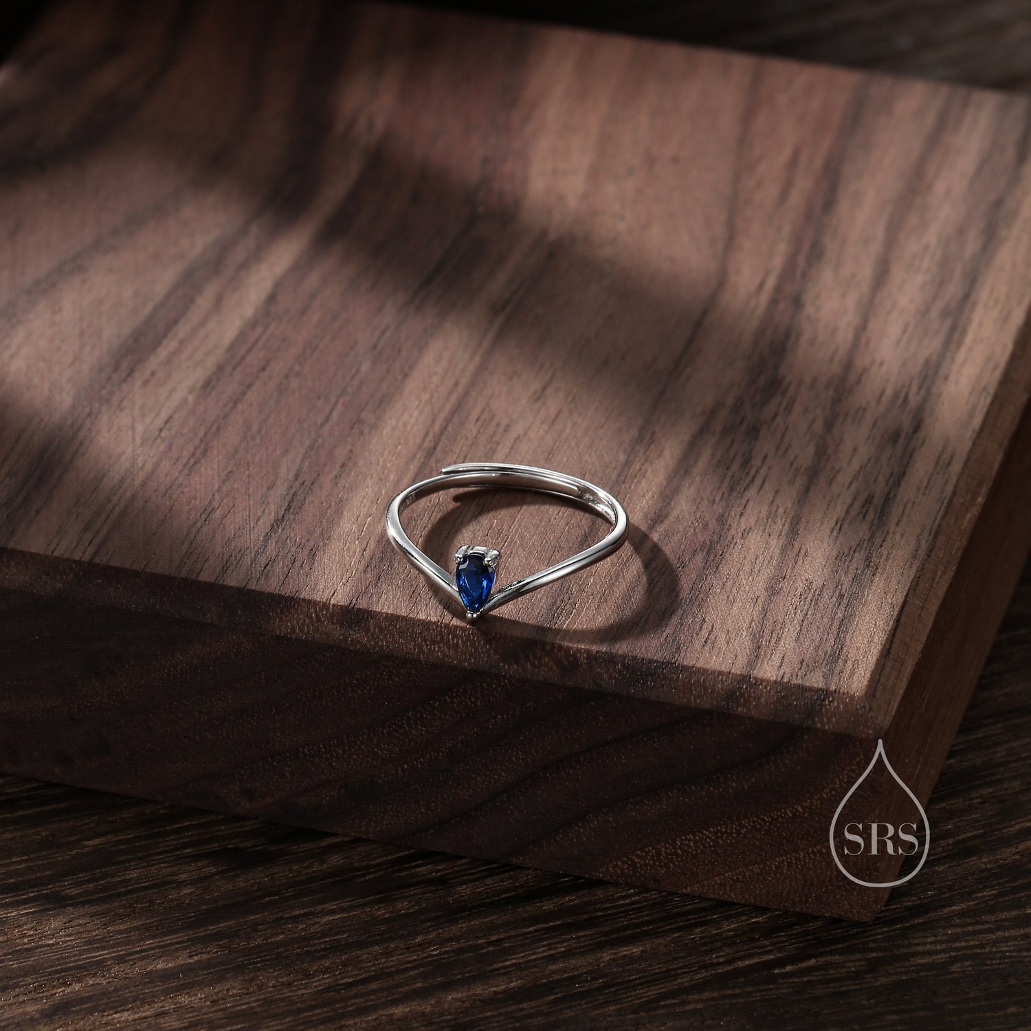 Blue Sapphire CZ Droplet Chevron Ring