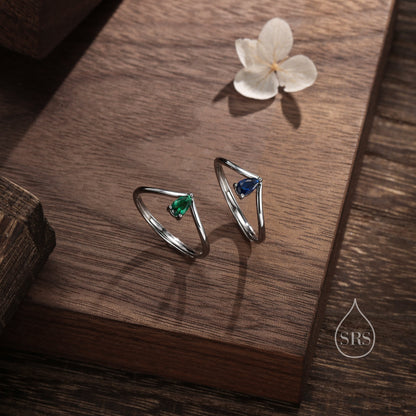 Emerald Green CZ Droplet Chevron Ring in Sterling Silver, 3x5mm, Prong Set Pear Cut V Ring, Adjustable Size, May Birthstone