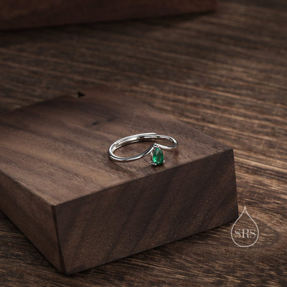Emerald Green CZ Droplet Chevron Ring in Sterling Silver, 3x5mm, Prong Set Pear Cut V Ring, Adjustable Size, May Birthstone