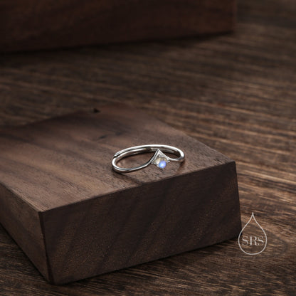 Minimalist Moonstone V Ring in Sterling Silver, 3mm Prong Set Lab Moonstone Ring, Adjustable Size Chevron Ring, Simulated Moonstone Ring