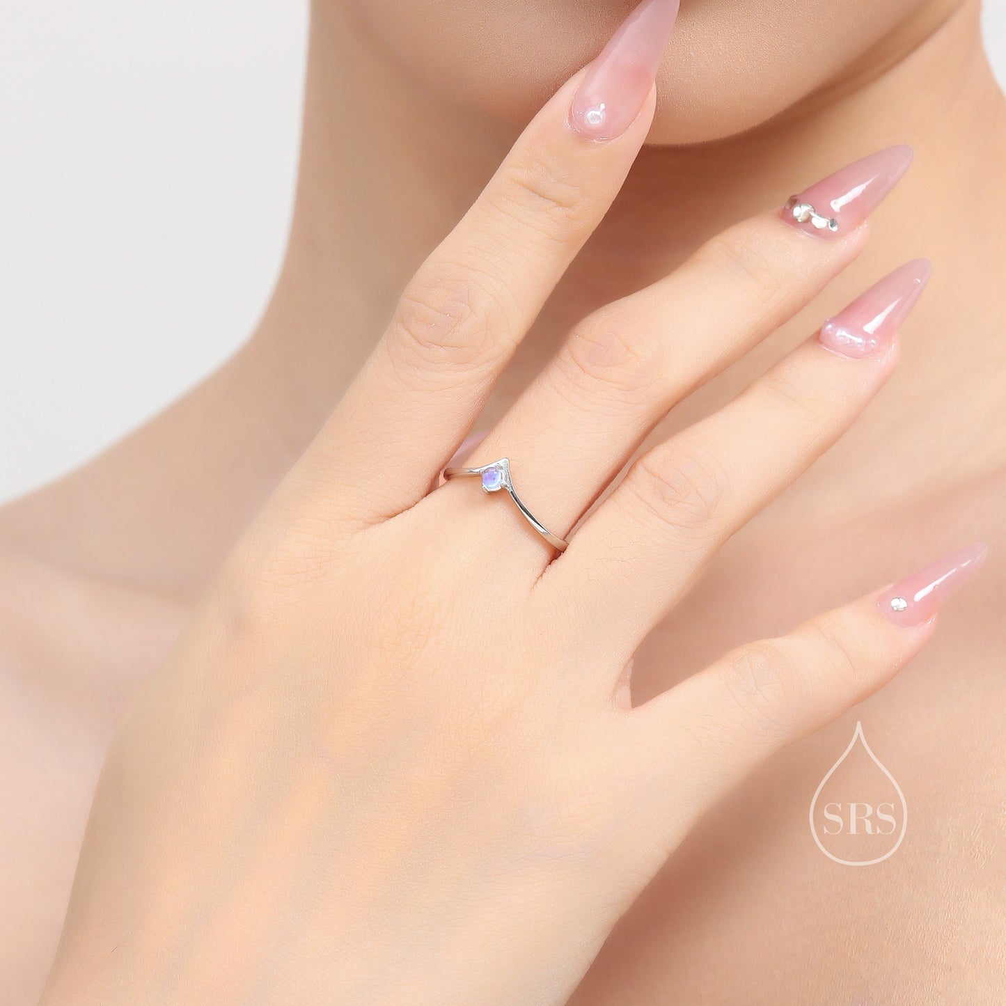 Minimalist Moonstone V Ring in Sterling Silver, 3mm Prong Set Lab Moonstone Ring, Adjustable Size Chevron Ring, Simulated Moonstone Ring