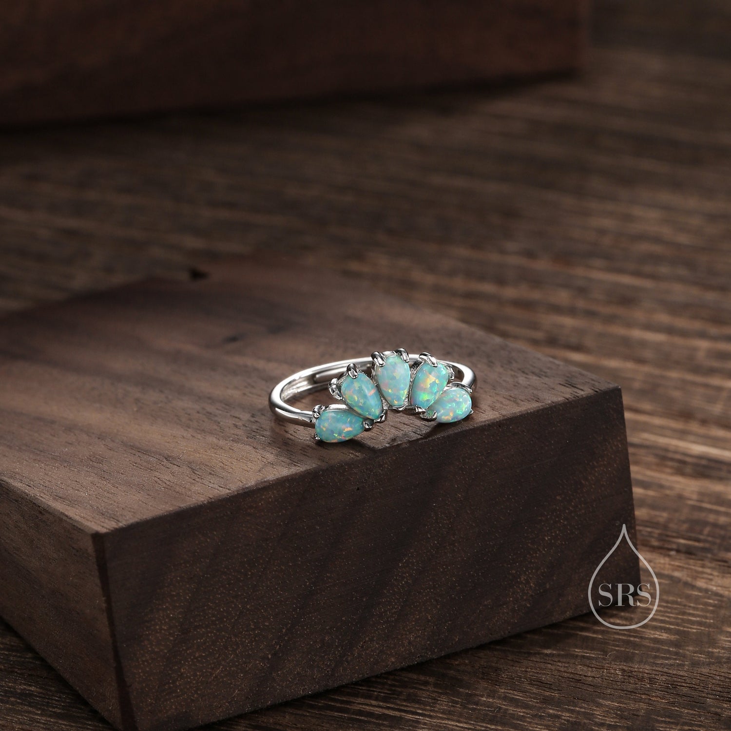 Aqua Green Opal Curved Ring in Sterling Silver, Lab Opal Tiara Ring, Adjustable Size Chevron Ring, Simulated Opal Nesting Ring