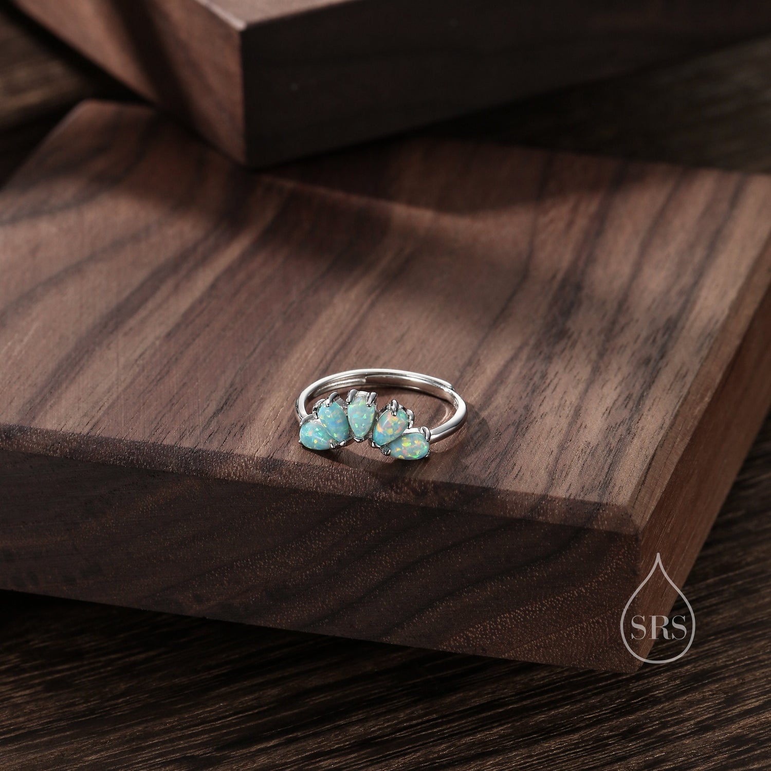 Aqua Green Opal Curved Ring in Sterling Silver, Lab Opal Tiara Ring, Adjustable Size Chevron Ring, Simulated Opal Nesting Ring