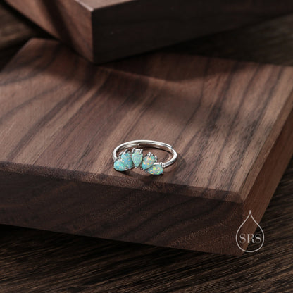 Aqua Green Opal Curved Ring in Sterling Silver,  Lab Opal Tiara Ring, Adjustable Size Chevron Ring, Simulated Opal Nesting Ring