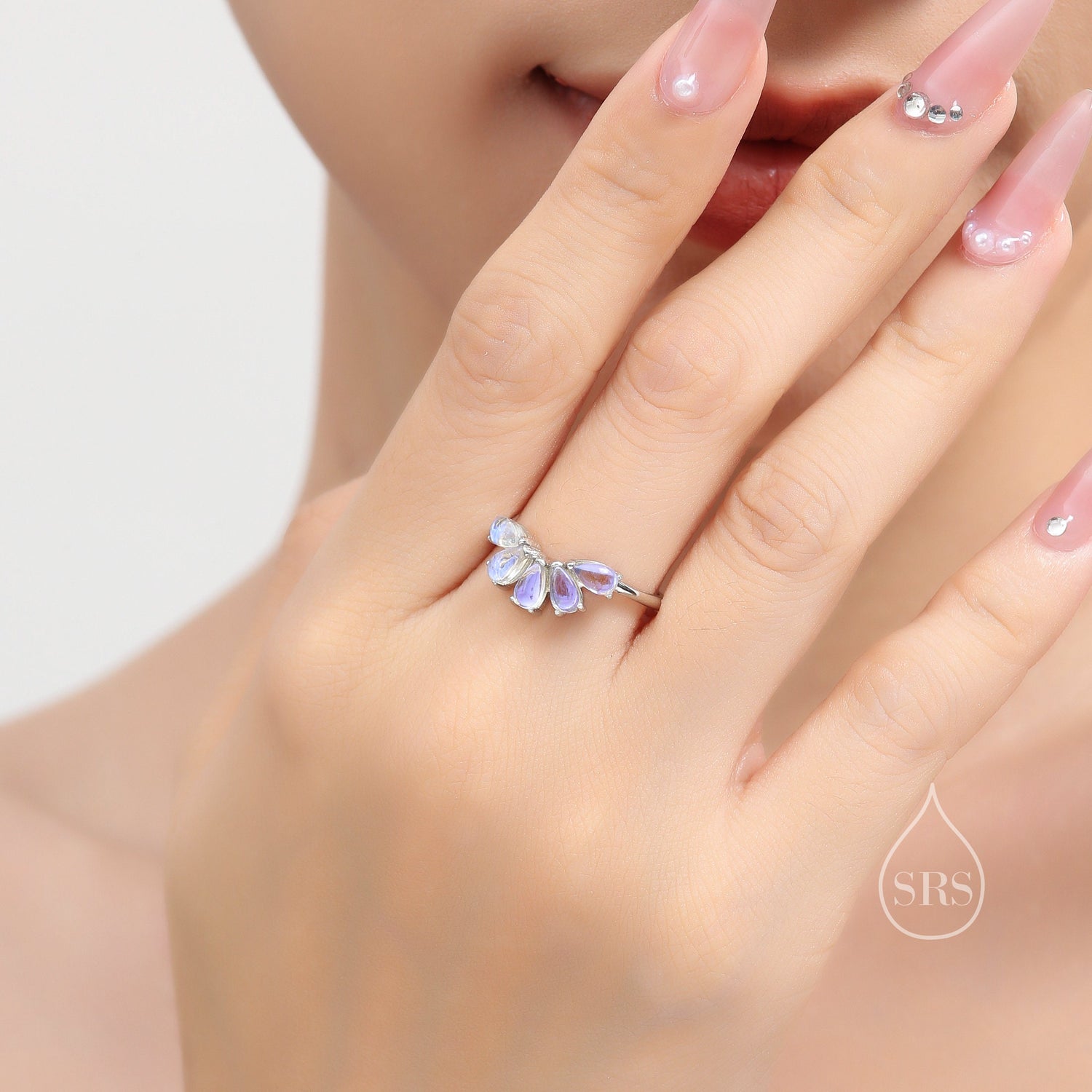 Aqua Green Opal Curved Ring in Sterling Silver, Lab Opal Tiara Ring, Adjustable Size Chevron Ring, Simulated Opal Nesting Ring