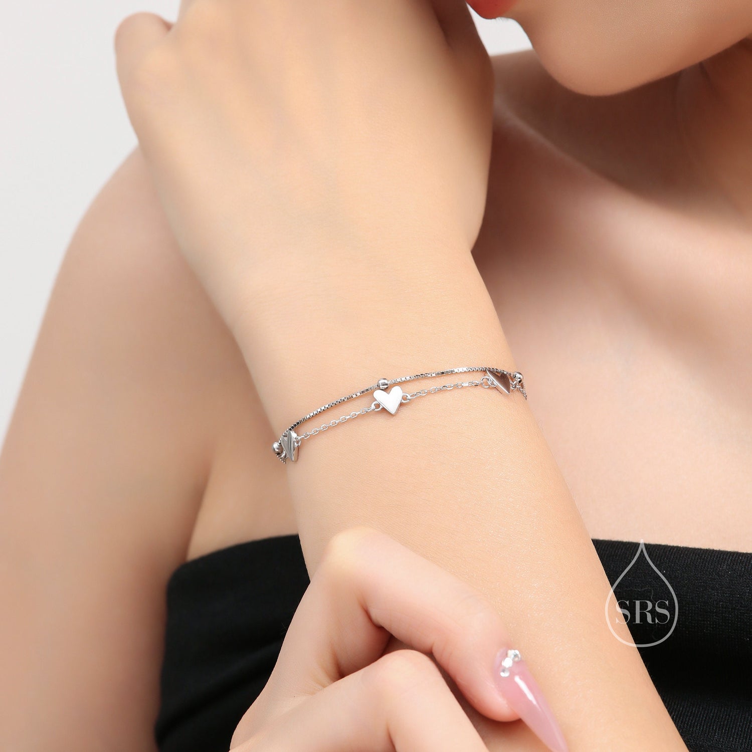 Double Layer Heart Bracelet in Sterling Silver, Silver or Gold or Rose Gold, Small Heart Bracelet, Silver Heart Bracelet, Tiny and Delicate