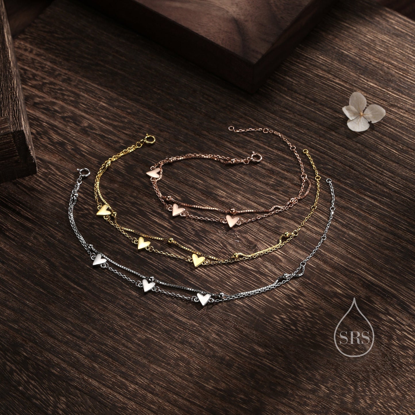Double Layer Heart Bracelet in Sterling Silver, Silver or Gold or Rose Gold, Small Heart Bracelet, Silver Heart Bracelet, Tiny and Delicate