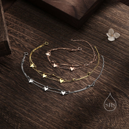 Double Layer Heart Bracelet in Sterling Silver, Silver or Gold or Rose Gold, Small Heart Bracelet, Silver Heart Bracelet, Tiny and Delicate