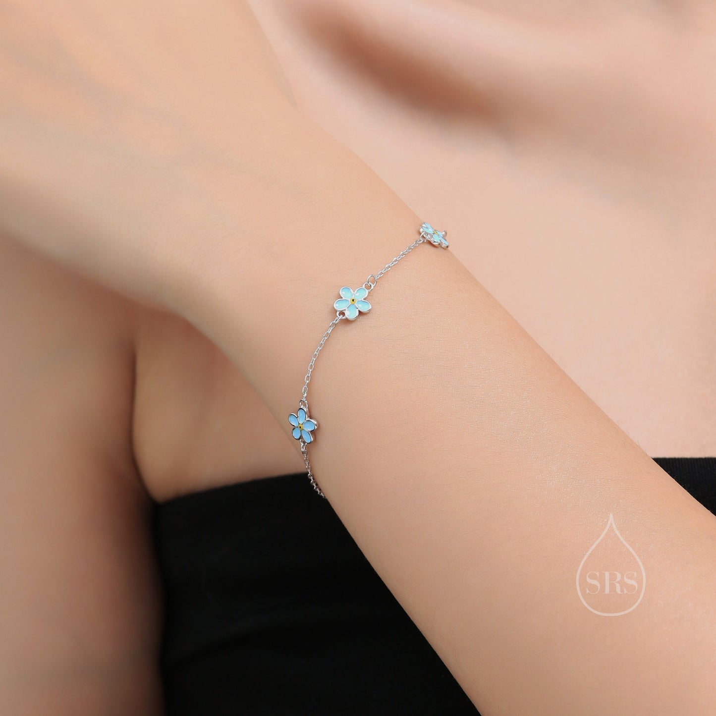 Enamel Forget Me Not Flower Motif Bracelet in Sterling Silver, Flower Bracelet, Blossom Bracelet, Forget-me-not Flower Bracelet