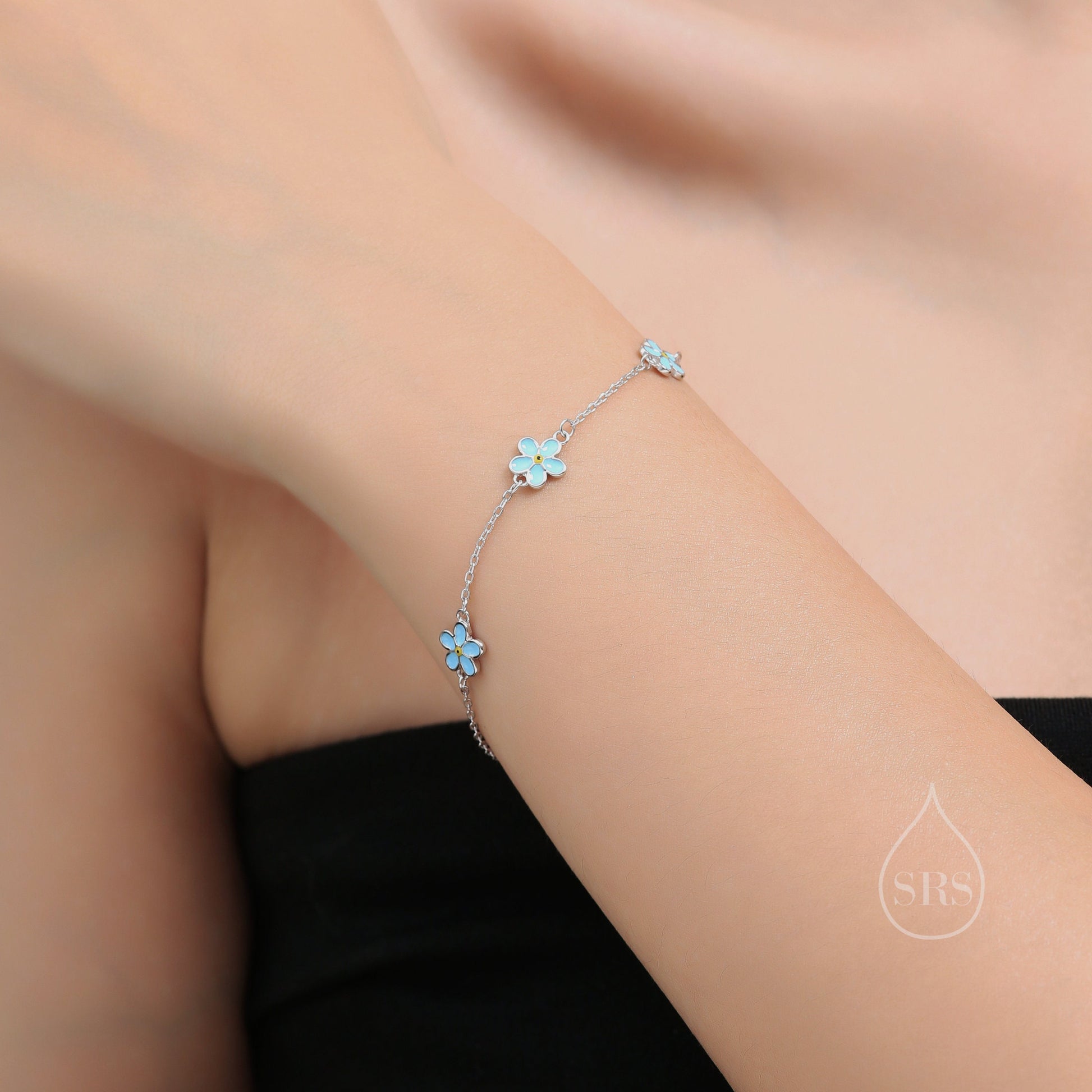 Enamel Forget Me Not Flower Motif Bracelet in Sterling Silver, Flower Bracelet, Blossom Bracelet, Forget-me-not Flower Bracelet