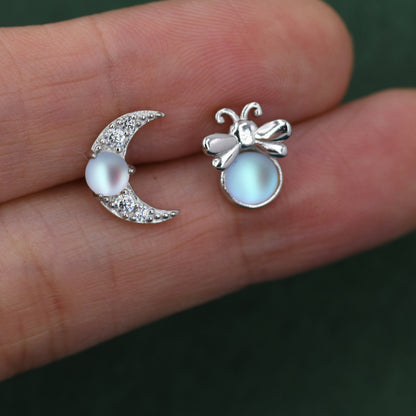 Mismatched Firefly and Moon Stud Earrings in Sterling Silver, Asymmetric Firefly and Moon Earrings with Moonstone, Cute and Fun