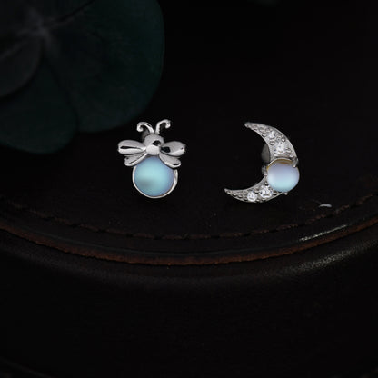 Mismatched Firefly and Moon Stud Earrings in Sterling Silver, Asymmetric Firefly and Moon Earrings with Moonstone, Cute and Fun