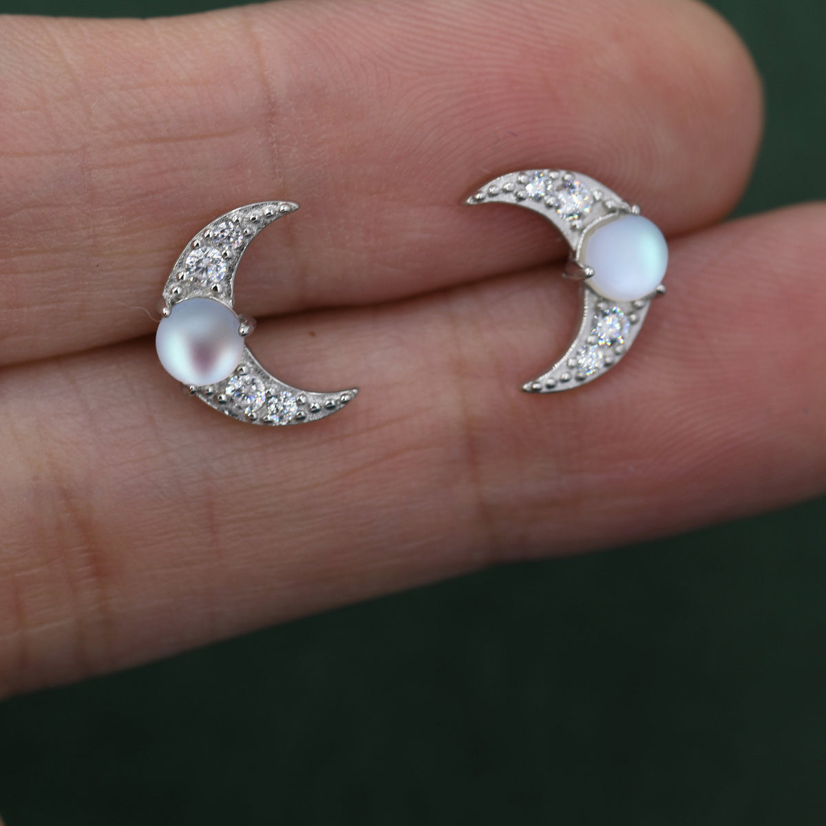 Crescent Moon Moonstone Stud Earrings