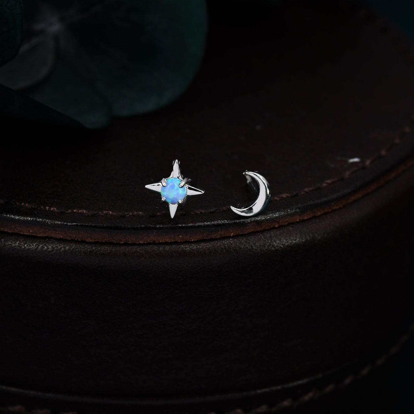 Mismatched Starburst and Moon Stud Earrings in Sterling Silver with Lab Opal, Asymmetric Blue Opal Star and Crescent Moon Earrings