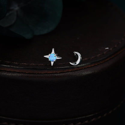 Mismatched Starburst and Moon Stud Earrings in Sterling Silver with Lab Opal, Asymmetric Blue Opal Star and Crescent Moon Earrings