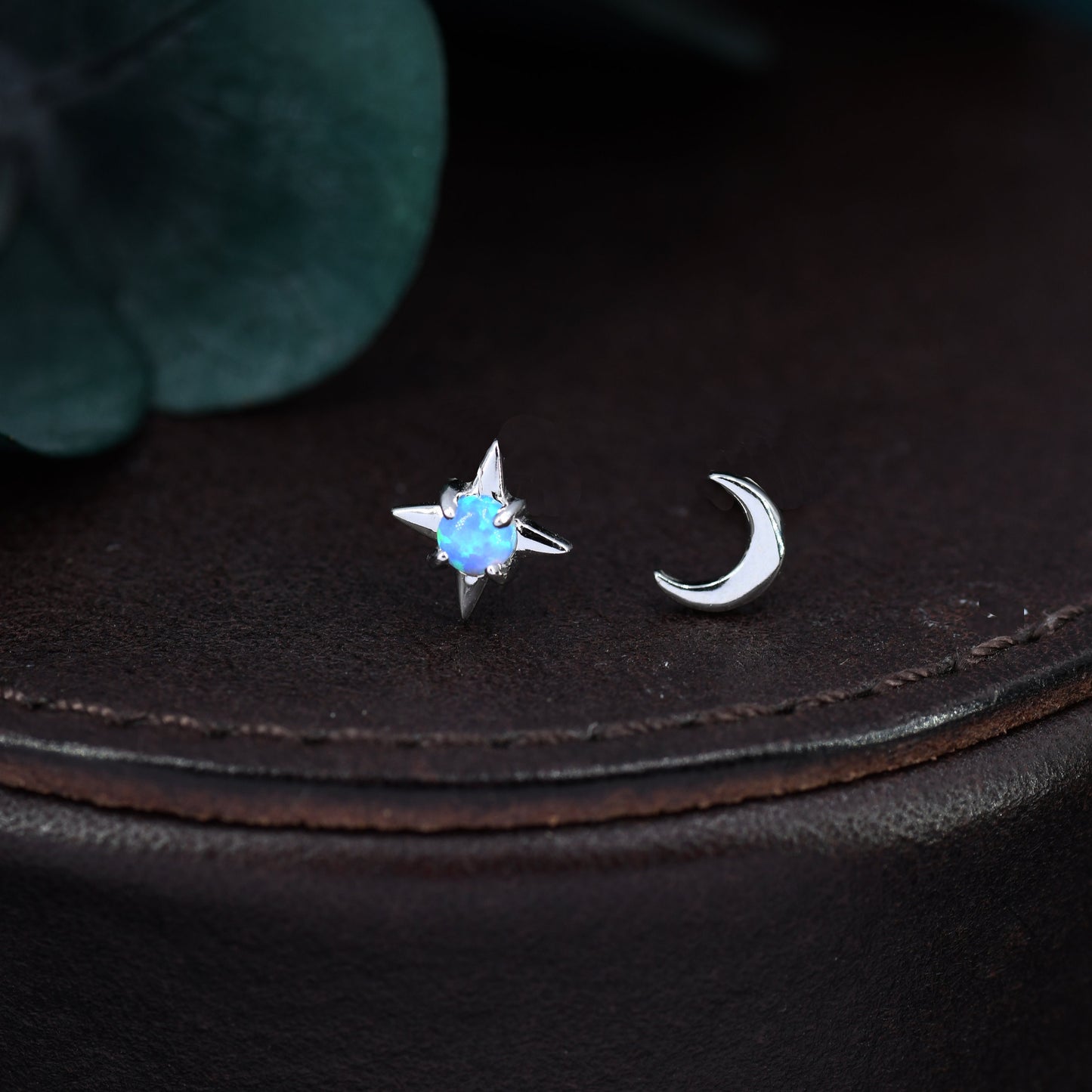 Mismatched Starburst and Moon Stud Earrings in Sterling Silver with Lab Opal, Asymmetric Blue Opal Star and Crescent Moon Earrings