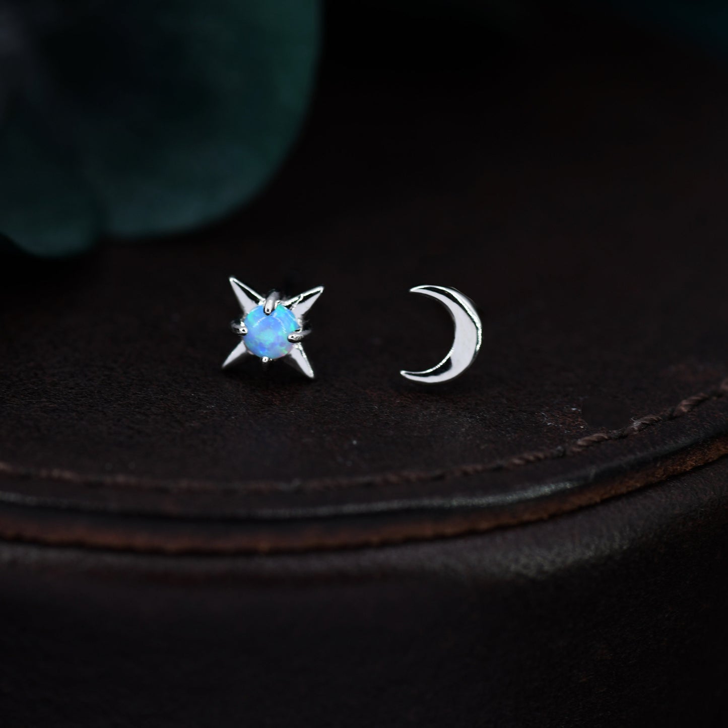 Mismatched Starburst and Moon Stud Earrings in Sterling Silver with Lab Opal, Asymmetric Blue Opal Star and Crescent Moon Earrings