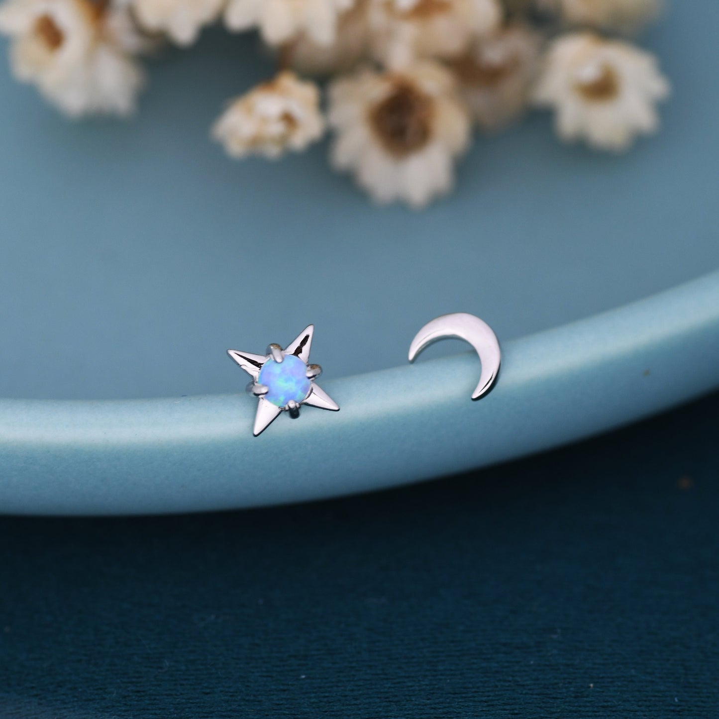 Mismatched Starburst and Moon Stud Earrings in Sterling Silver with Lab Opal, Asymmetric Blue Opal Star and Crescent Moon Earrings