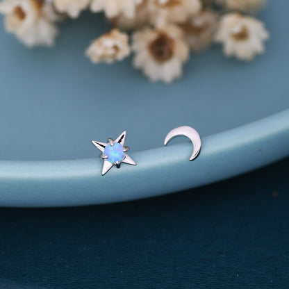 Mismatched Starburst and Moon Stud Earrings in Sterling Silver with Lab Opal, Asymmetric Blue Opal Star and Crescent Moon Earrings