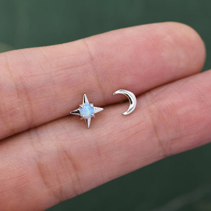 Mismatched Starburst and Moon Stud Earrings in Sterling Silver with Lab Opal, Asymmetric Blue Opal Star and Crescent Moon Earrings