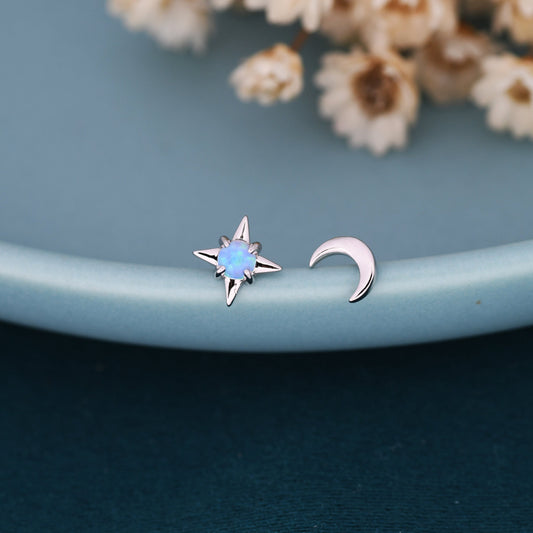 Mismatched Starburst and Moon Stud Earrings in Sterling Silver with Lab Opal, Asymmetric Blue Opal Star and Crescent Moon Earrings