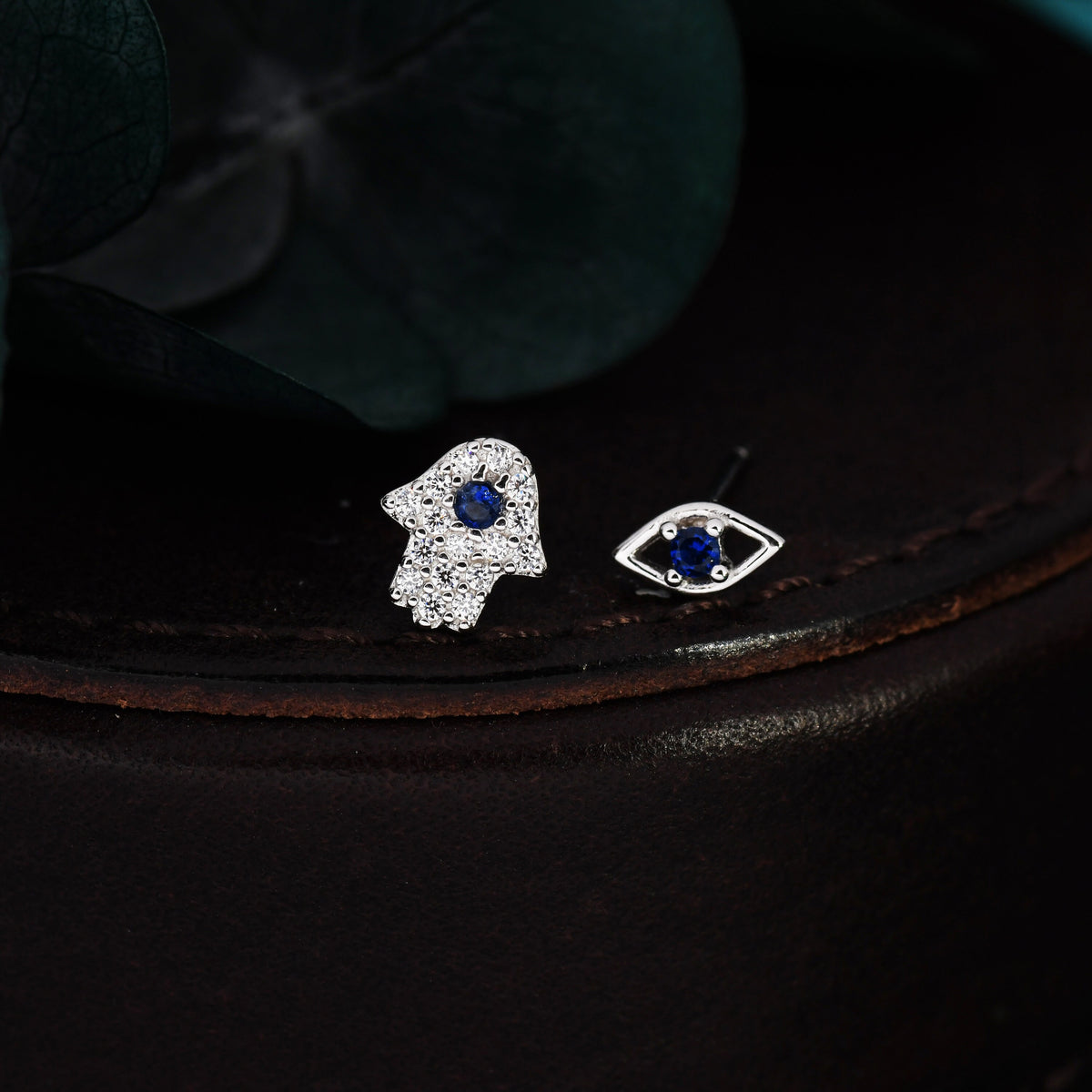 Mismatched Hamsa Hand and Evil Eye CZ Stud Earrings