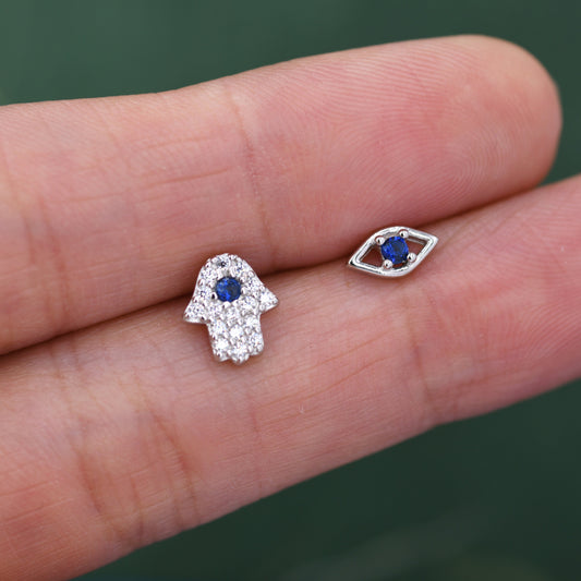 Mismatched Hamsa Hand and Evil Eye CZ Stud Earrings in Sterling Silver, Silver or Gold, Asymmetric Hand and Eye Earrings