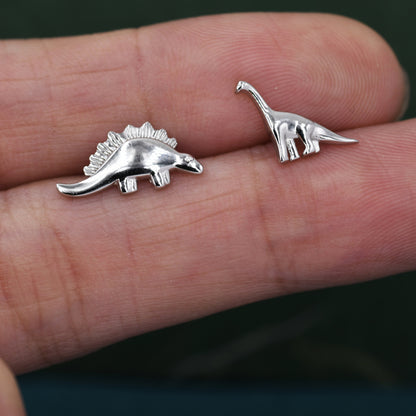 Mismatched Dinosaur Stud Earrings in Sterling Silver, Silver, Gold or Rose Gold, Asymmetric Stegosaurus and Brachiosaurus Dino Earrings