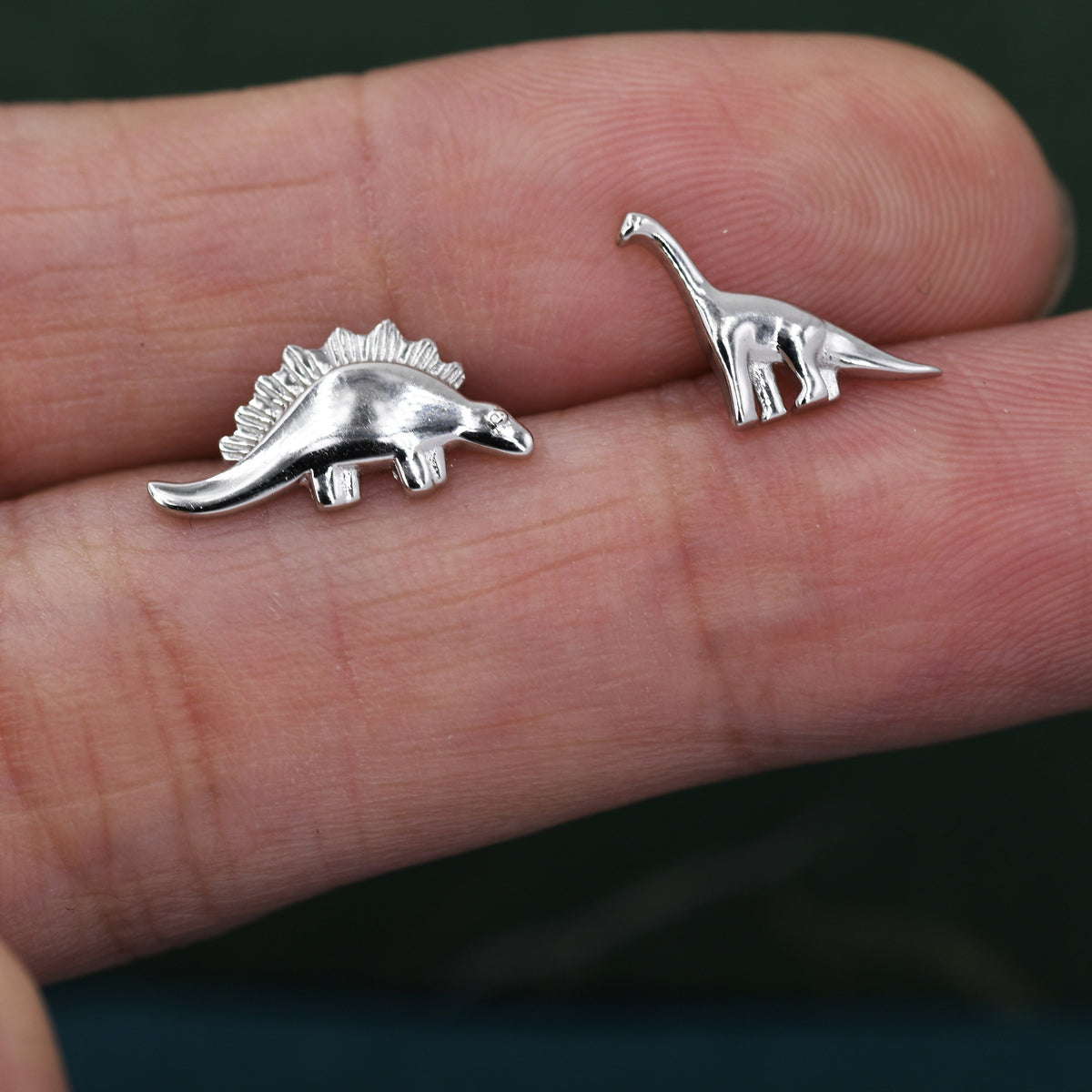 Tiny Mismatched Dinosaur Stud Earrings in Sterling Silver, Silver, Gold or Rose Gold, Asymmetric Stegosaurus and Brachiosaurus Dino Earrings