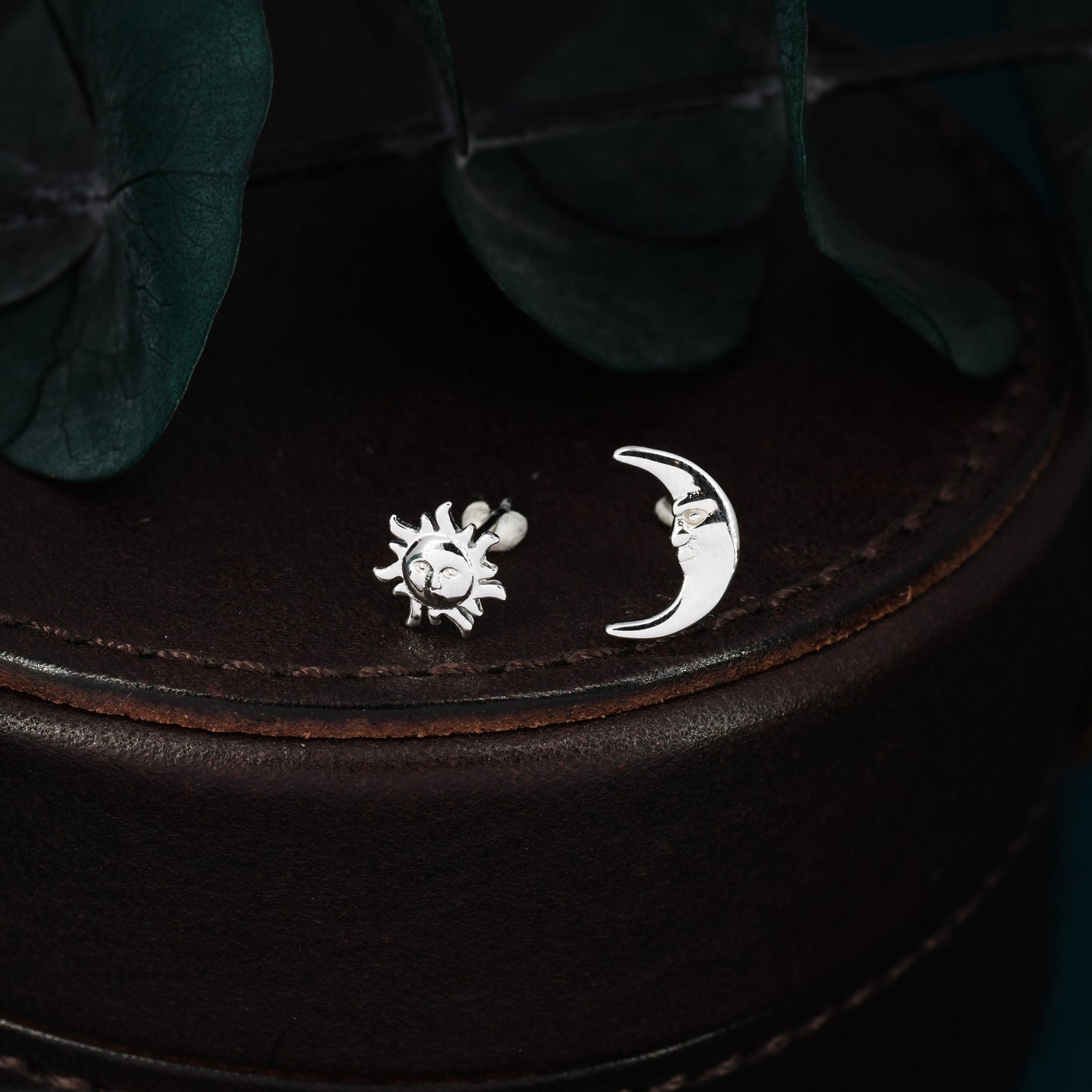 Mismatched Sun and Moon Stud Earrings in Sterling Silver, Asymmetric Man in the Moon and Sun Face Earrings, Silver Moon Face Earrings