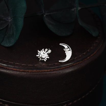 Mismatched Sun and Moon Stud Earrings in Sterling Silver, Asymmetric Man in the Moon and Sun Face Earrings, Silver Moon Face Earrings