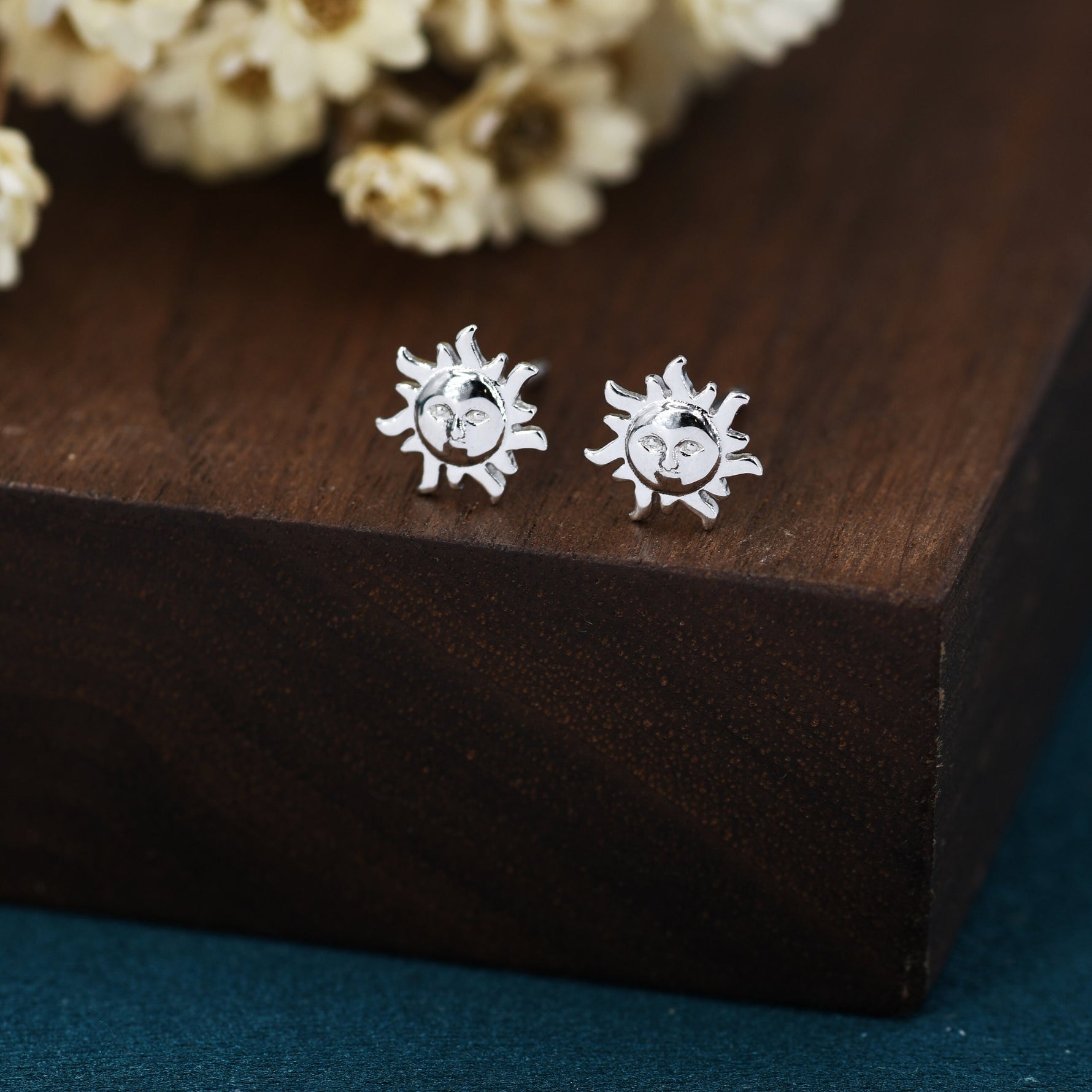 Tiny Sun Stud Earrings in Sterling Silver, Silver or Gold, Sun Face Earrings, Quirky Whimsical Earrings