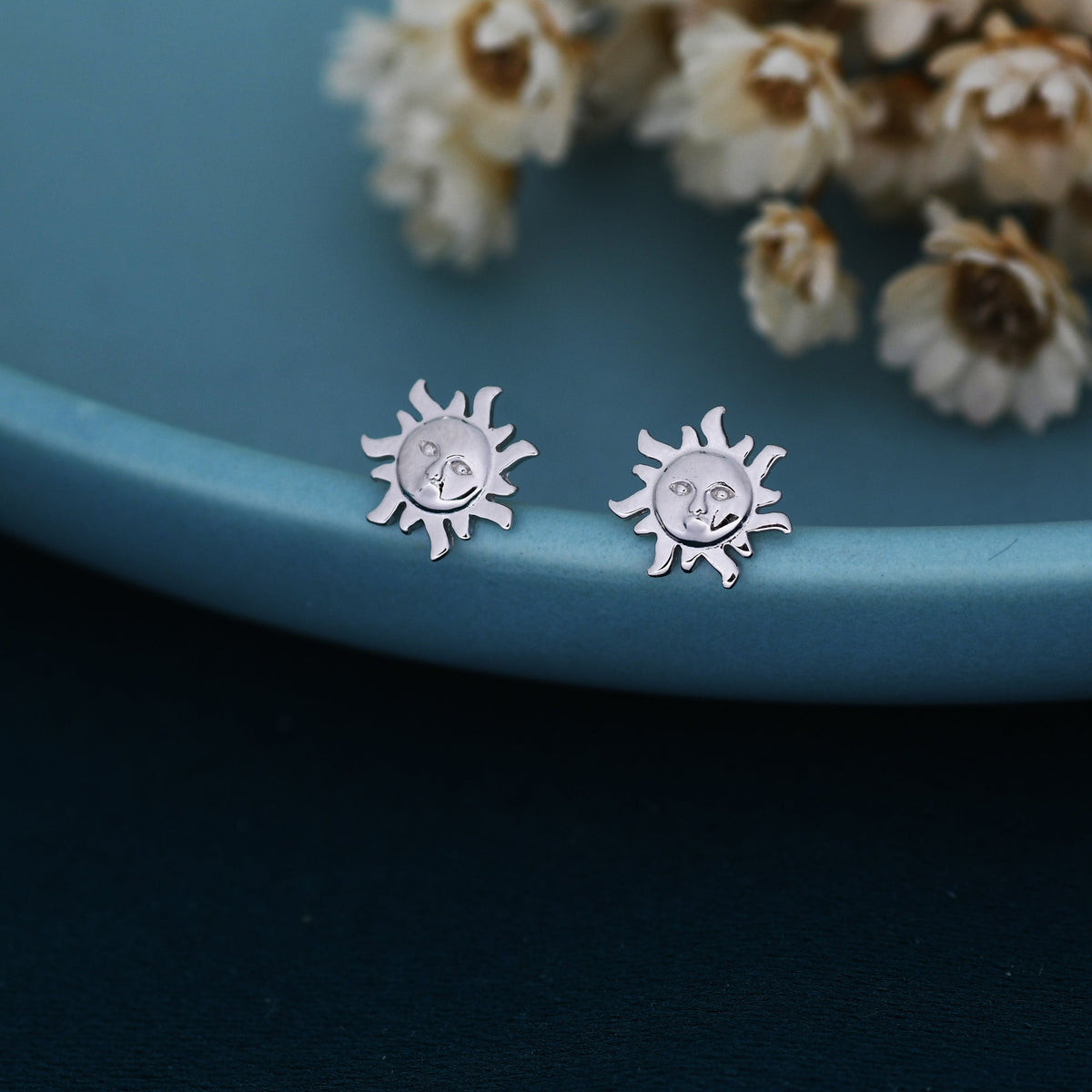 Tiny Sun Stud Earrings in Sterling Silver, Silver or Gold, Sun Face Earrings, Quirky Whimsical Earrings