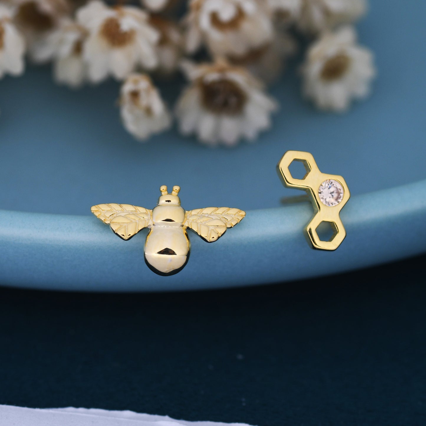 Mismatched Bee and Honeycomb Stud Earrings in Sterling Silver, Asymmetric Bee and Honeycomb Earrings, Silver Bumble Bee Earrings