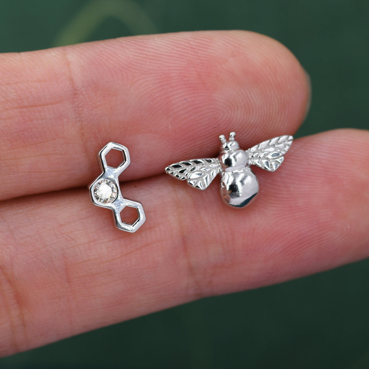 Mismatched Bee and Honeycomb Stud Earrings