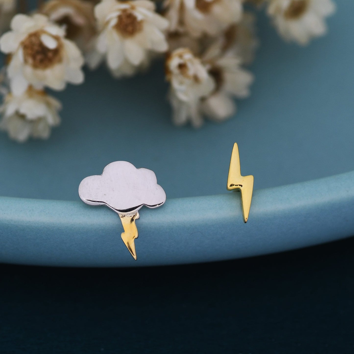 Mismatched Cloud and Lightning Bolt Stud Earrings in Sterling Silver, Asymmetric Cloud and Lightning Bolt Earrings