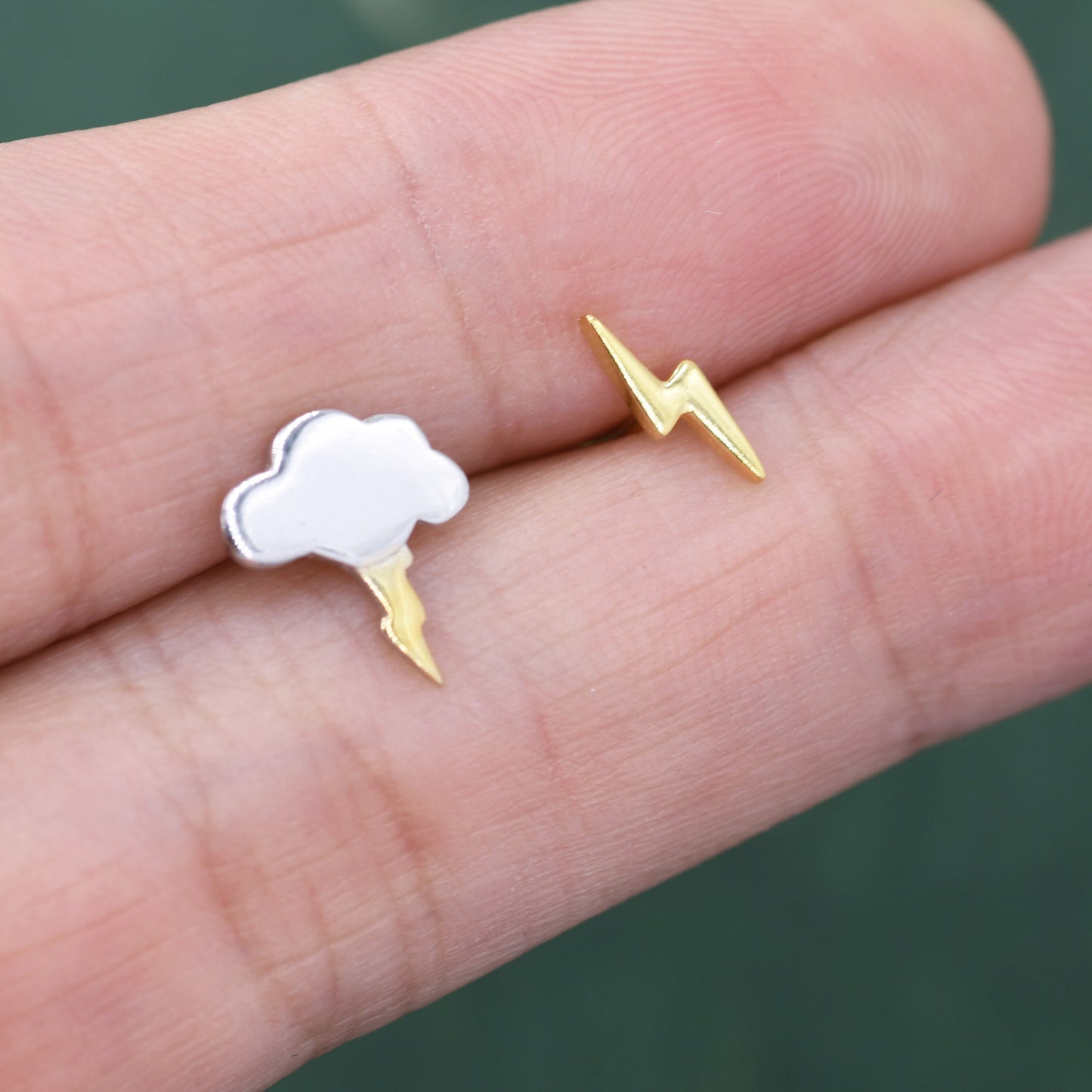 Mismatched Cloud and Lightning Bolt Stud Earrings in Sterling Silver, Asymmetric Cloud and Lightning Bolt Earrings