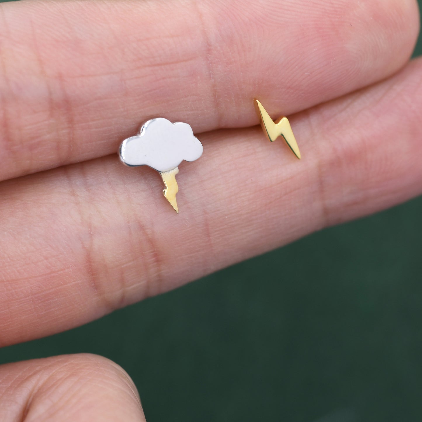 Mismatched Cloud and Lightning Bolt Stud Earrings in Sterling Silver, Asymmetric Cloud and Lightning Bolt Earrings