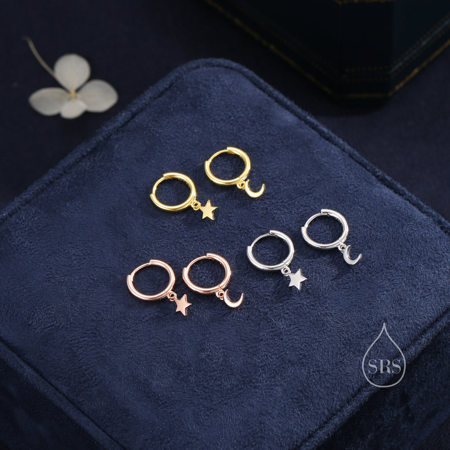 Moon and Star Dangle Huggie Hoop Earrings in Sterling Silver, Silver or Gold or Rose Gold, Moon and Star Skinny Hoops