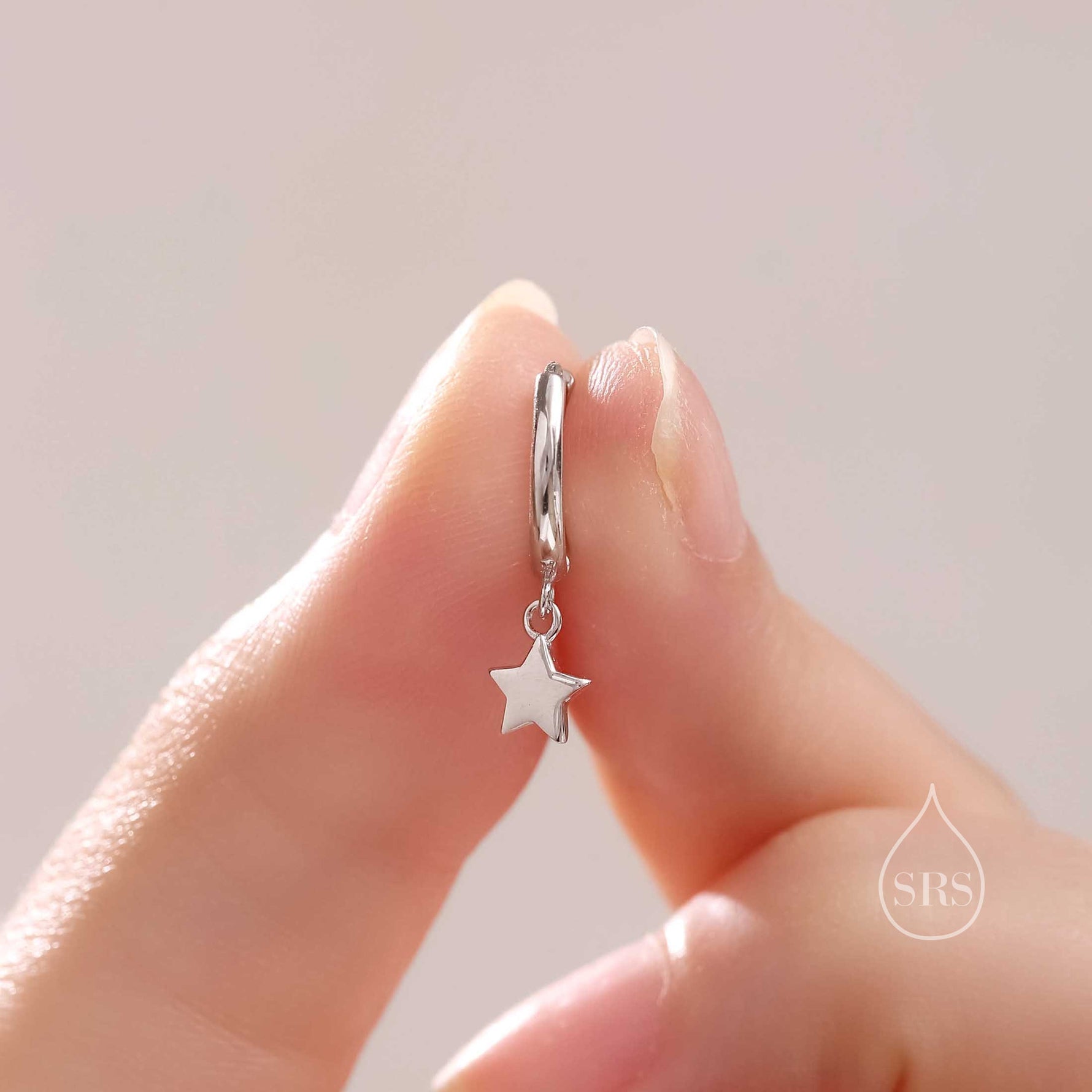 Star Dangle Huggie Hoop Earrings in Sterling Silver, Silver or Gold or Rose Gold, Delicate Star Skinny Hoops