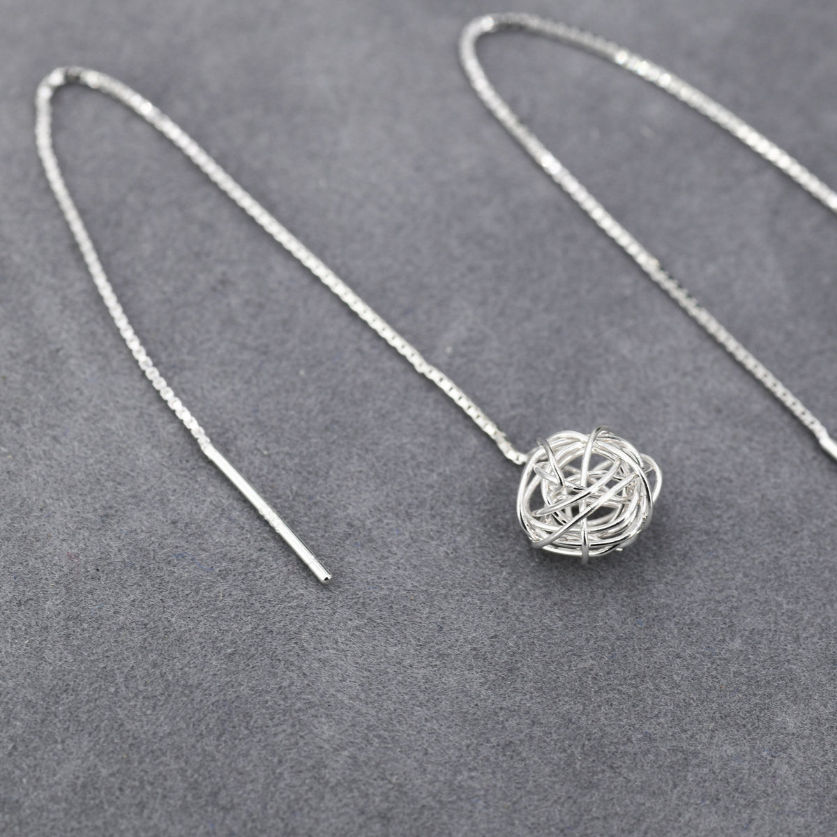 Sterling Silver Yarn ball Tumbleweed Wire Ball Threaders Earrings - Hand Woven from Sterling Silver Wire, Minimalist Ear Threaders